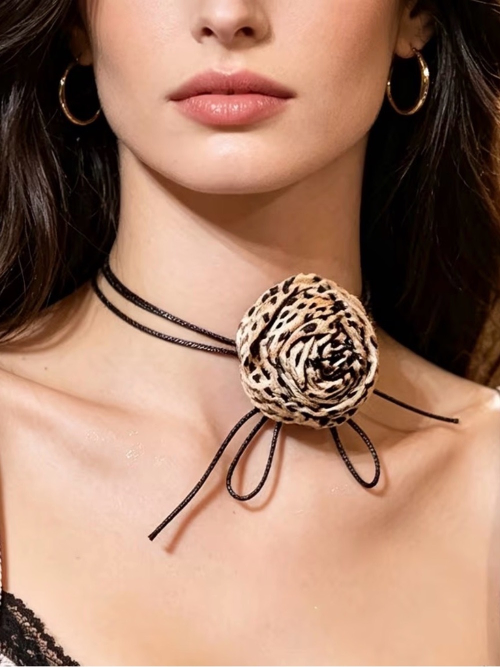 Leopard Rosette Wrap Choker Necklace - Black and Tan
